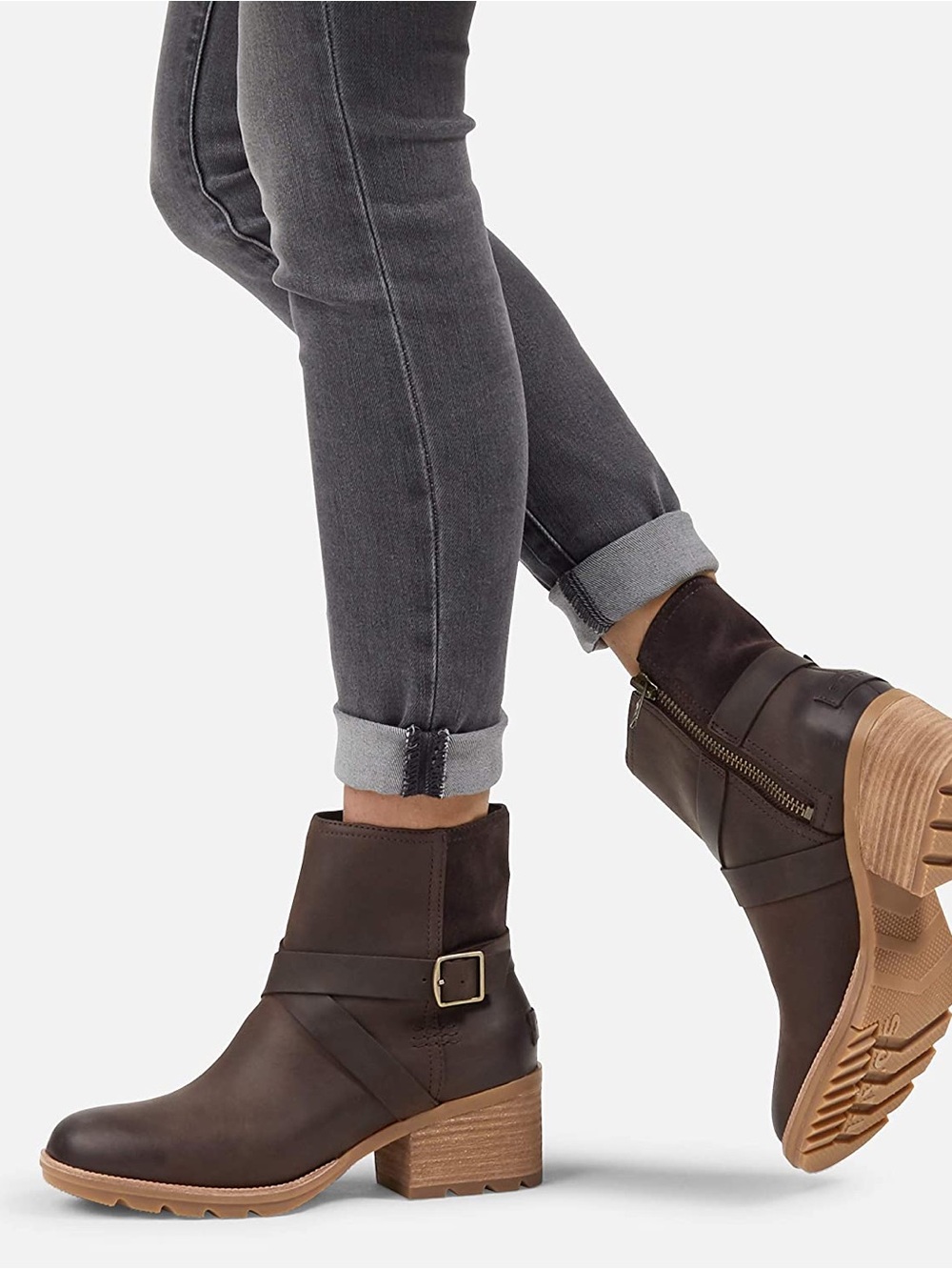 Sorel Cate Buckle Stacked Block Heel Brown Leather Boot 9